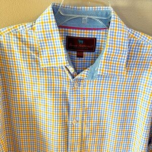 James tattersall London Men's cotton Blue Yellow gingham plaid casual shirt XL